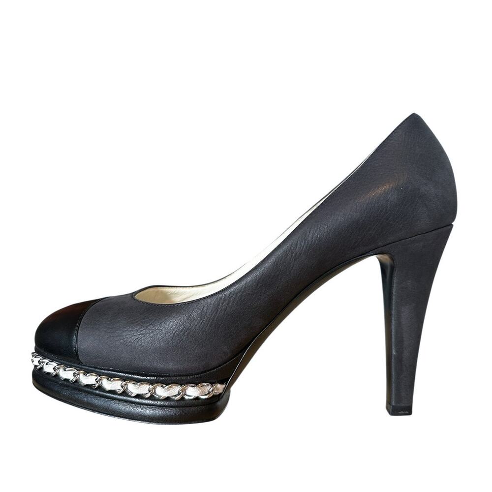 Chanel CC Cap Toe Chain Platform Pumps 39C Black 4” Heel G29068
